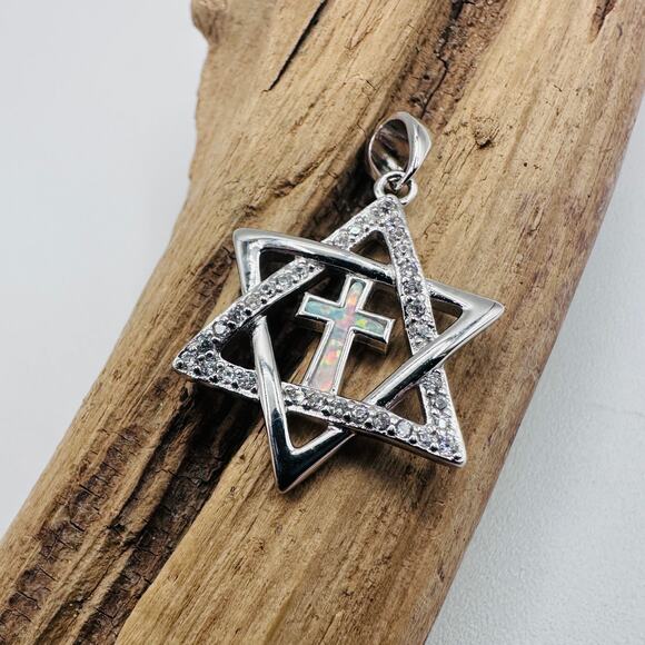 Sterling Silver Star of David Lab Opal Cross CZ Pendant - Picture 1 of 7